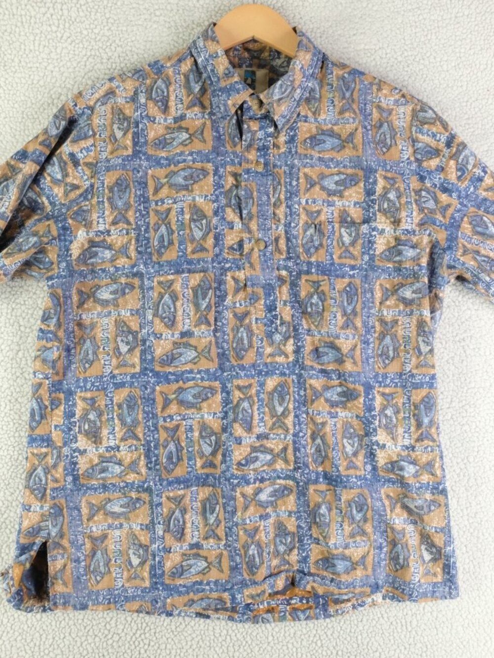Kahala Shirt Mens Large Blue Graphic Reverse Print Popover Fish Greek Retro